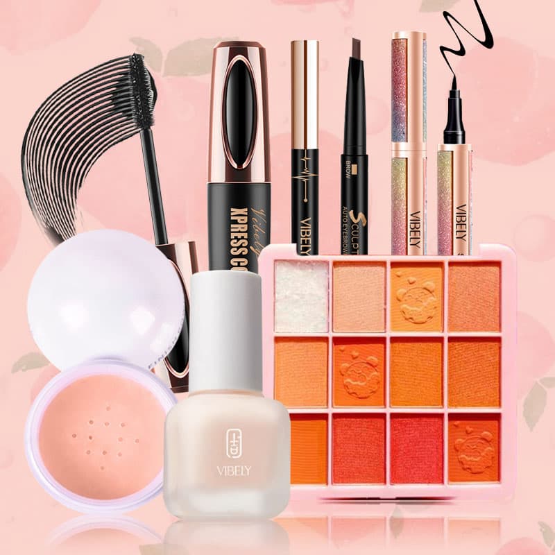 [HCM][Peachy Sis] VIBELY Bộ trang điểm đầy đủ - 6 món（Kem nền dạng lỏng che khuyết điểm +Phấn trang điểm bột/Xịt dưỡng trang điểm+Mascara 3D/Mascara 2D+chì kẻ mày+Kẻ mắt+Bảng phấn mắt 12 màu）
