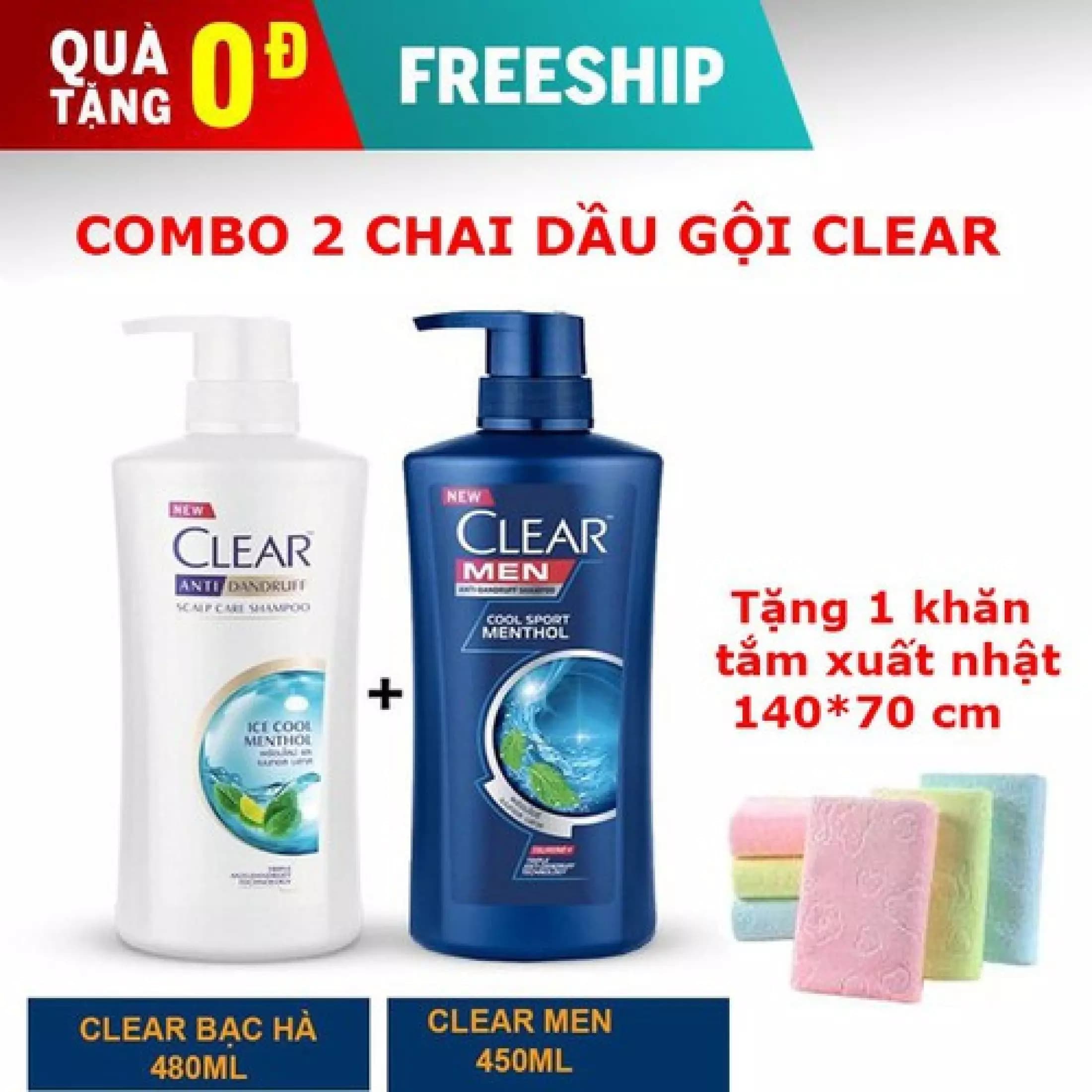 COMBO 2 CHAI DẦU GỘI CLEAR NGĂN NGƯA GÀU LÀM MƯỢT TÓC CAO CẤP TẶNG KHĂN TẮM XUẤT NHẬT