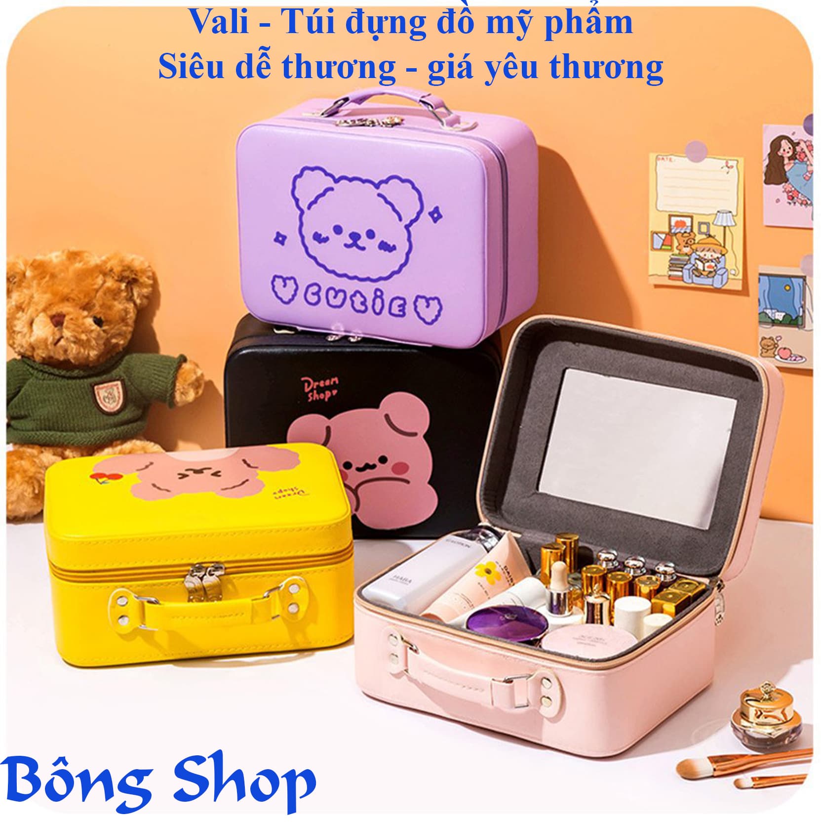 Túi đựng mỹ phẩm trang điểm có gương Vali Mini đựng đồ dùng cá nhân Cốp đựng mỹ phẩm trang điểm tiện dụng để bàn phòng ngủ phòng khách văn phòng và đi du lịch