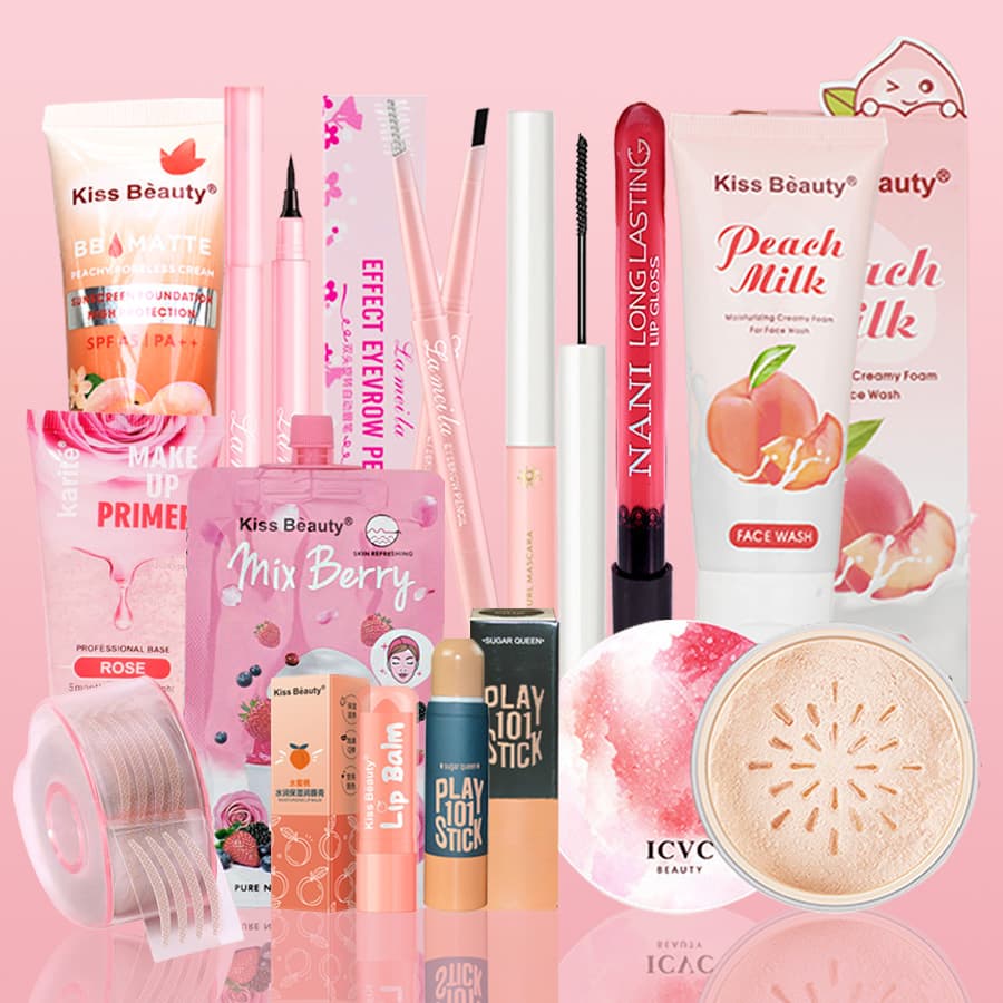 [HCM][Peachy Sis] Bộ mỹ phẩm hoàn chỉnh KISS BEAUTY(Sữa rửa mặt + kem dưỡng ẩm + kem BB + phấn trang điểm bột + Chì kẻ mày + mascara + kẻ mắt + miếng dán mí mắt 2 mí + son dưỡng môi +lip glaze +viền bóng+ mặt nạ)