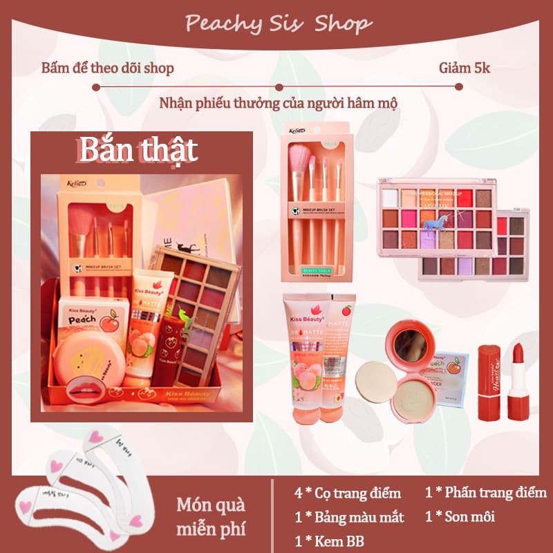 [HCM][Peachy Sis] Trọn bộ trang điểm 5 món sành điệu nhìn là mê(1x bộ cọ trang điểm 4 món + 1xBB kem + 1xPhấn trang điểm + 1x phấn mắt 18 màu + 1x son môi)