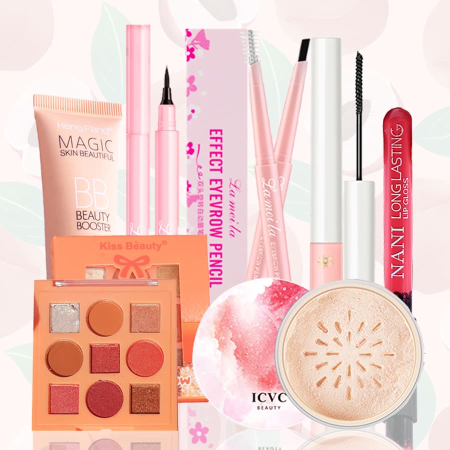 [HCM]Trọn bộ mỹ phẩm gồm 7 món (kem nền + phấn mắt + chì kẻ mày + kẻ mắt + mascara + son lì + phấn trang điểm)