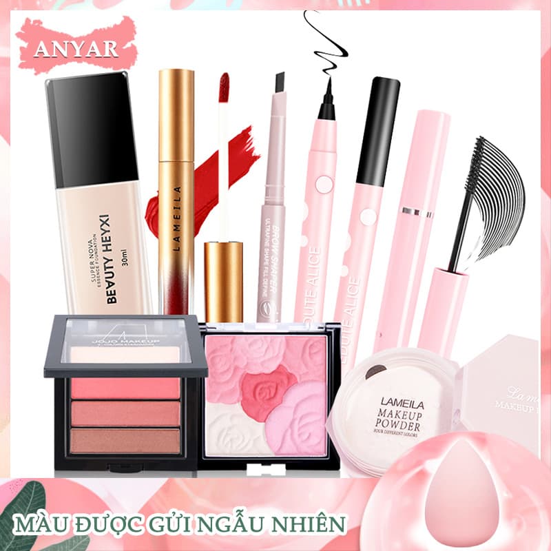 [HCM]ANYAR-Bộ mỹ phẩm 8 món cơ bản giá tốt SET MAKEUP 8 MÓN MỚI VỀ，Kem nền dạng lỏng + phấn phủ + mascara + kẻ mắt + chì kẻ mày + bảng phấn mắt + bảng má hồng + son môi