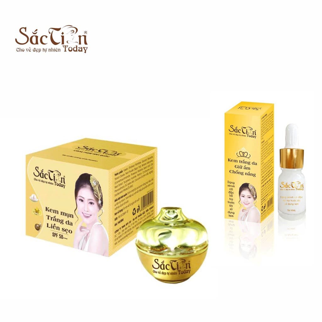 Combo Kem mụn trắng da liền sẹo 15g (hộp mới in 8g) và Kem trắng da giữ ẩm chống nắng Sắc Tiên Today 10ml (dạng serum)