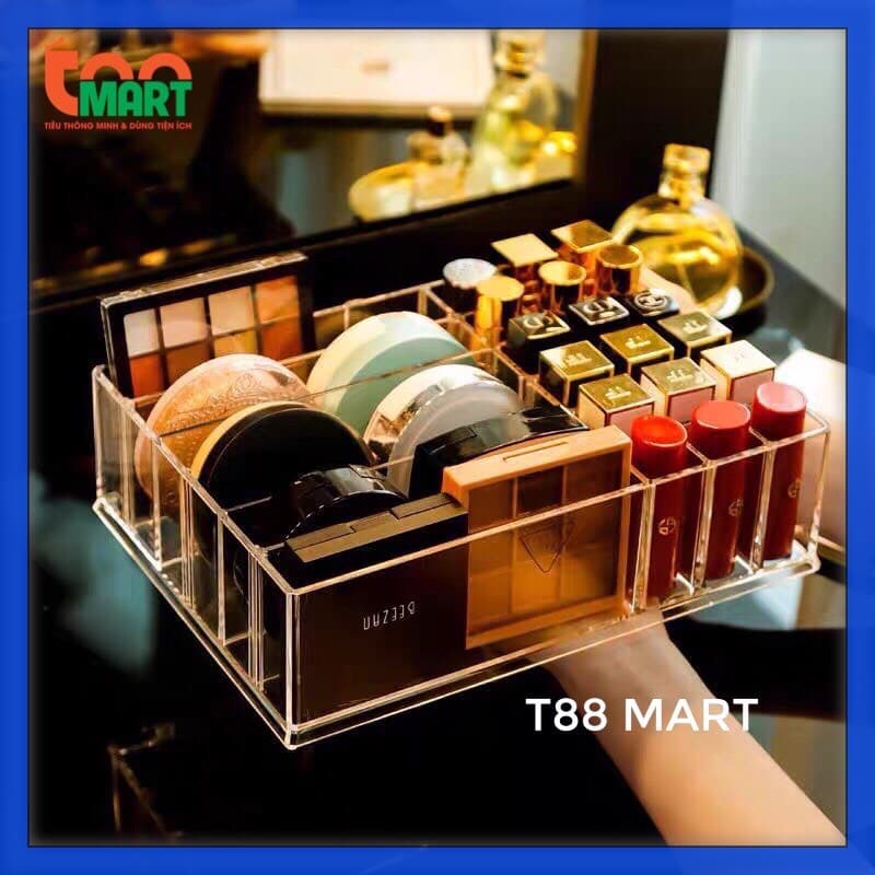 Kệ mỹ phẩm đa năng ( với 16 ô để son cọ trang điểm ) và 4 ô để phấn chất liệu mica dày dặn trong suốt siêu tiện lợi và tiết kiệm diện tích trang trí làm đẹp góc trang điểm