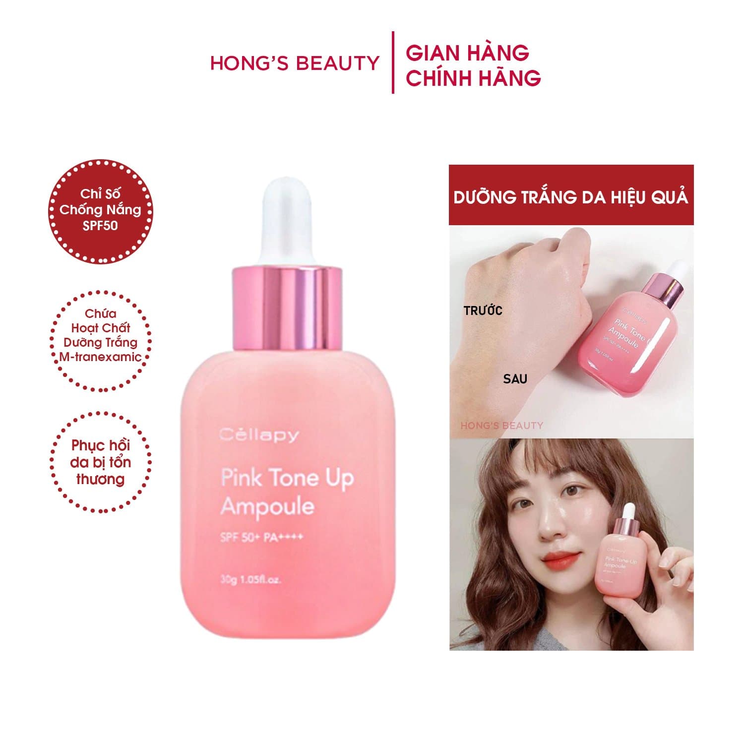 Tinh chất dưỡng trắng Cellapy Pink Tone Up Ampoule SPF50+ PA++++ chống nắng và nâng tông da 30ml - HONGS BEAUTY