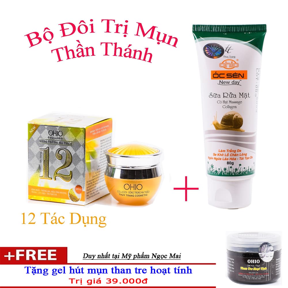 [HCM]Bộ mỹ phẩm dưỡng da mụn (kem + sữa rửa mặt) kem OHIO Đông Trùng Hạ Thảo 12 tác dụng + Tặng gel hút mụn than tre hoạt tính