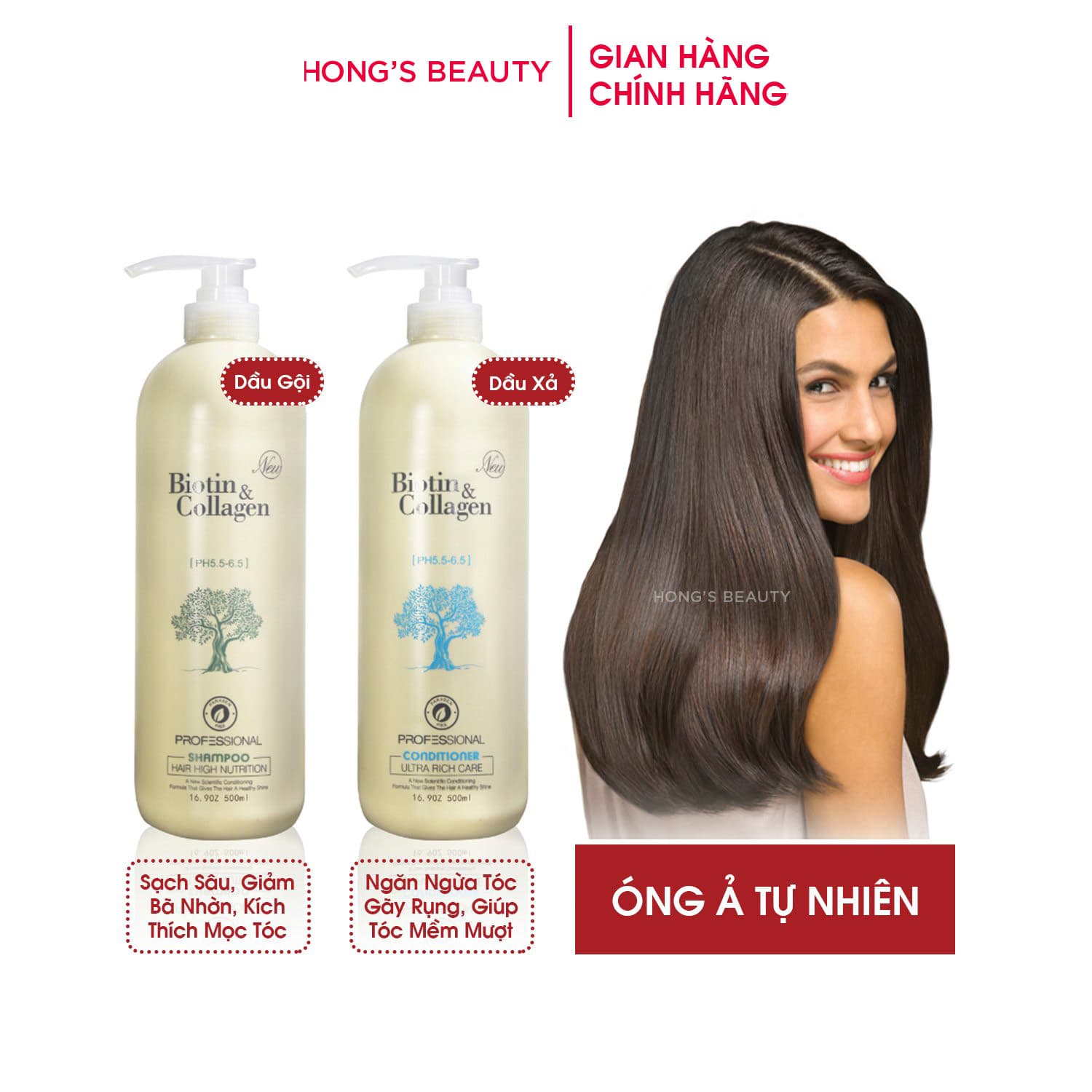 Cặp dầu gội xả Biotin Collagen trắng giảm rụng tóc phục hồi nhẹ nhàng tóc yếu và dễ gãy rụng dưỡng tóc siêu mượt tránh gây xơ rối tóc - HONGS BEAUTY