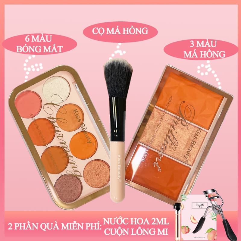 [HCM][Peachy Sis] Thích hợp cho người mới bắt đầu Bộ 3 mỹ phẩm KISS BEAUTY Phấn mắt+ Điểm nổi bật +Má hồng+ Cọ má hồng-Tặng kèm bao bì hộp quà