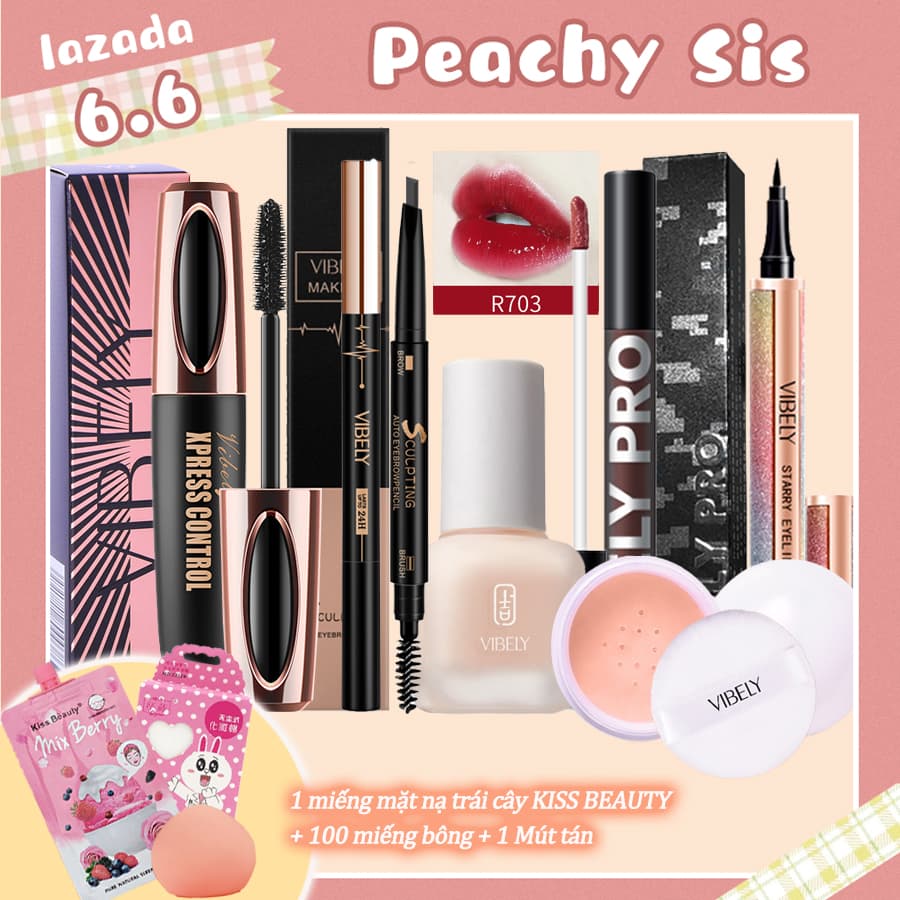 [HCM]VIBELY Bộ trang điểm đầy đủ Kem nền dạng lỏng+Phấn phủ+Mascara+Bút kẻ mắt+Bút kẻ lông mày+Sơn bóng (Quà tặng miễn phí: 50 miếng Bông tẩy trang + 1 gói mặt nạ + 1 Mút tán)