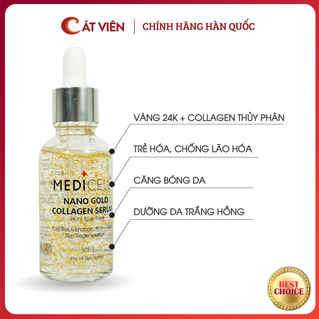Serum dưỡng trắng da Nano Gold Collagen Medicell dưỡng trắng mờ thâm sạm với vàng cám 24k trẻ hóa căng bóng da - 30ml