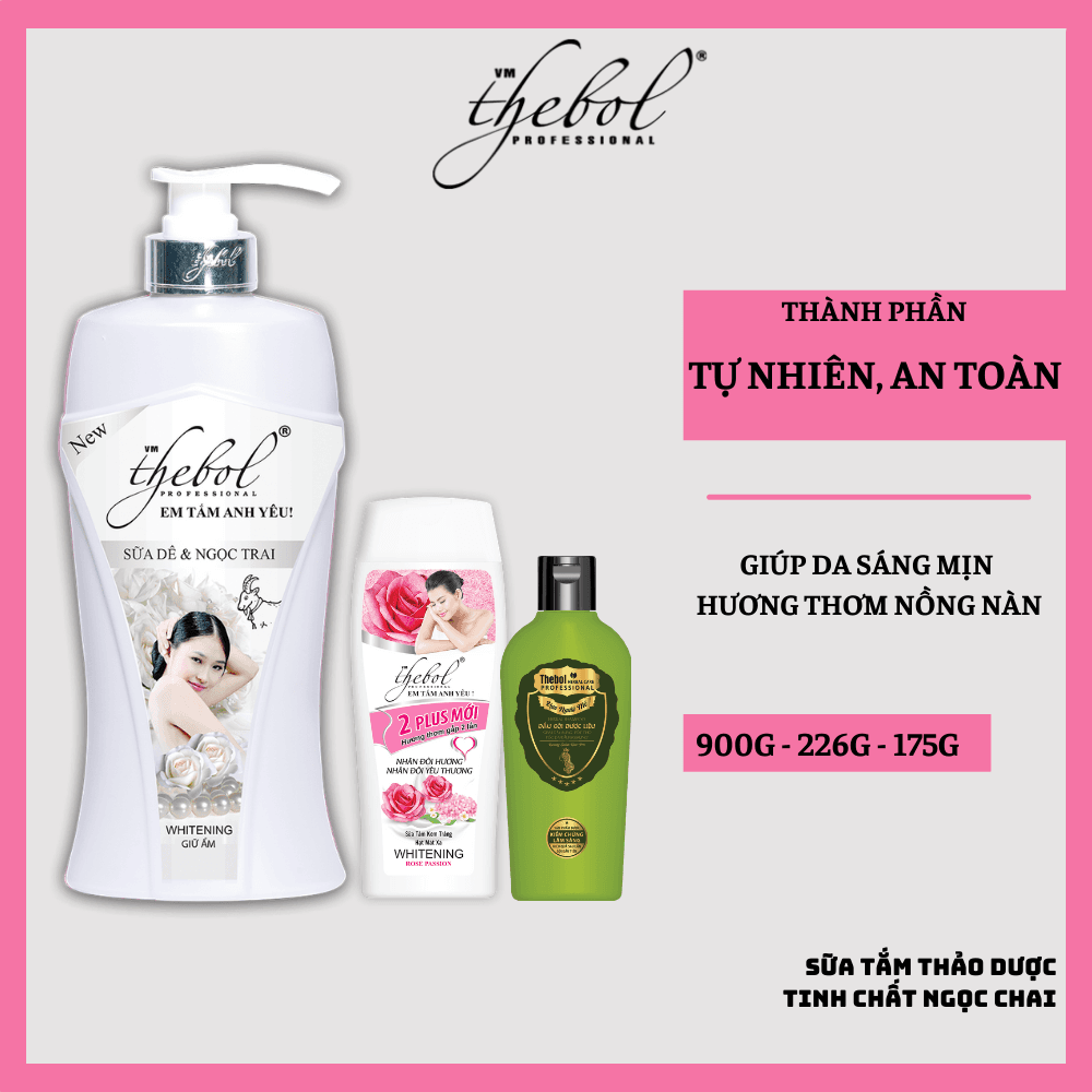 [HCM]Sữa tắm nước hoa tinh chất ngọc trai thảo dược dưỡng ẩm trắng da Thebol  900g + Sữa tắm trắng da hạt massage Thebol 226g + Dầu gội dược liệu sạch giảm rụng Thebol 175g