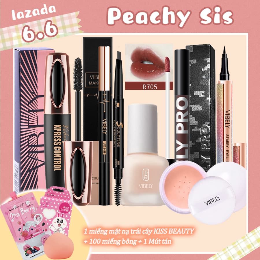 [HCM]VIBELY Bộ trang điểm đầy đủ Kem nền dạng lỏng+Phấn phủ+Mascara+Bút kẻ mắt+Bút kẻ lông mày+Sơn bóng (Quà tặng miễn phí: 50 miếng Bông tẩy trang + 1 gói mặt nạ + 1 Mút tán)