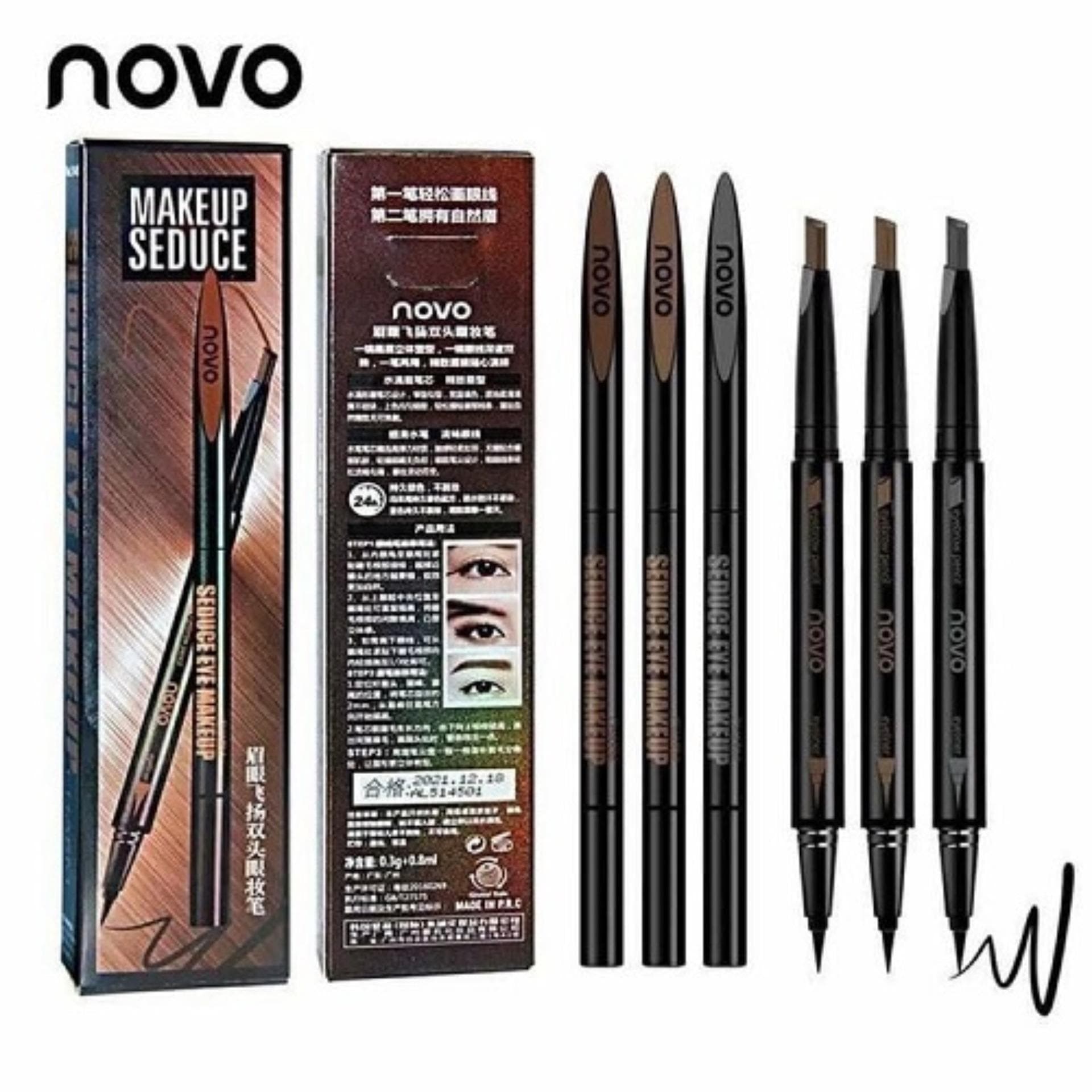 Bút Chì kẻ mày kẻ mắt 2in1 NoVo Makeup Seduce 01 tone Màu nâu đen