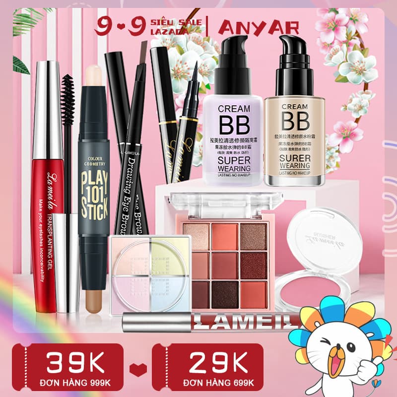 ANYAR-Bộ trang điểm cá nhân LAMEILA 10 món tiện lợi Kem BB che khuyết điểm（kem nền） +sự cách ly kem lót+ Phấn phủ kiềm dầu+Phấn bảng mắt +Mascara+Chì kẻ mày +Bút dạ kẻ mắt+phấn má+Bút tạo khối+son lì
