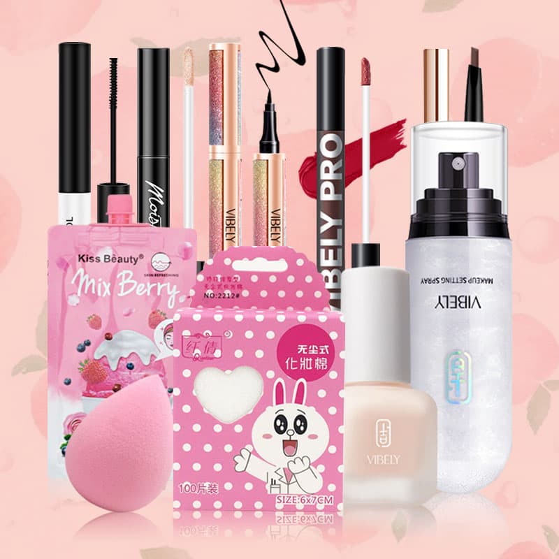 [HCM][Peachy Sis] VIBELY Một bộ đầy đủ gồm 10 món đồ trang điểm cá nhân (Kem che khuyết điểm+Kem nền dạng lỏng+ Xịt dưỡng trang điểm (Bạc chớp)+Mascara 2D+Chì kẻ mày hai đầu+Kẻ mắt+Men môi+Khăn trang điểm+Mút tán+Mặt nạ)