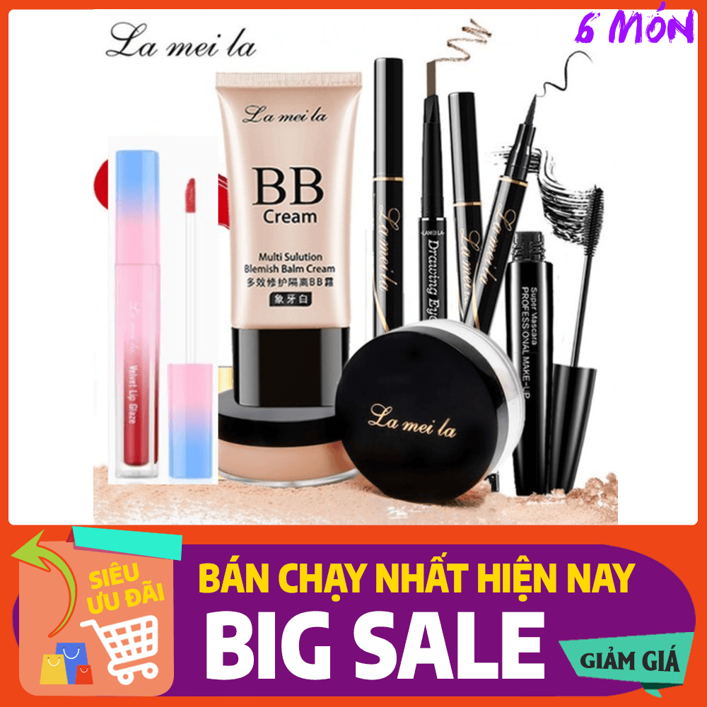 [HCM]Bộ trang điểm chuyên nghiệp 6 món La Mei La Kem BB che khuyết điểm + Phấn phủ bột + Chì kẻ mày lâu trôi + Bút dạ kẻ mắt + Mascara 4d + Son kem lì LA6