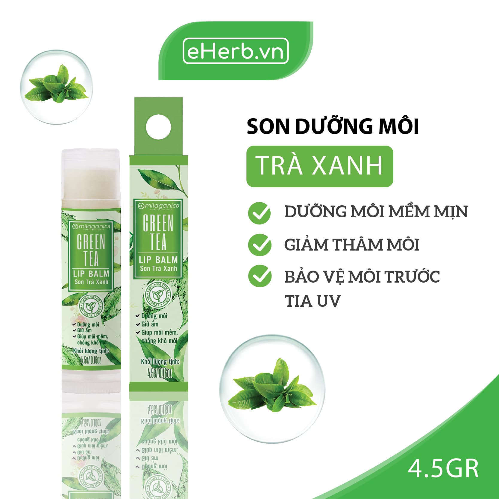 Son Dưỡng Môi Trà Xanh Dưỡng Ẩm Giảm Thâm Môi MILAGANICS 4.5g (Cây)