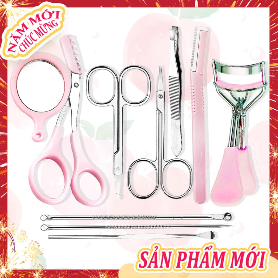 【Kiss Belle Shop】Set 10 món trang điểm dành cho mắt mày gồm kẹp bấm mi+kéo tỉa chân mày+dao cạo lông mày+nhíp+gương+Kéo tỉa lông mày+Máy tỉa lông mũi+Vệ sinh tai+Vòng tròn làm sạch mụn+Tẩy mụn đầu đen