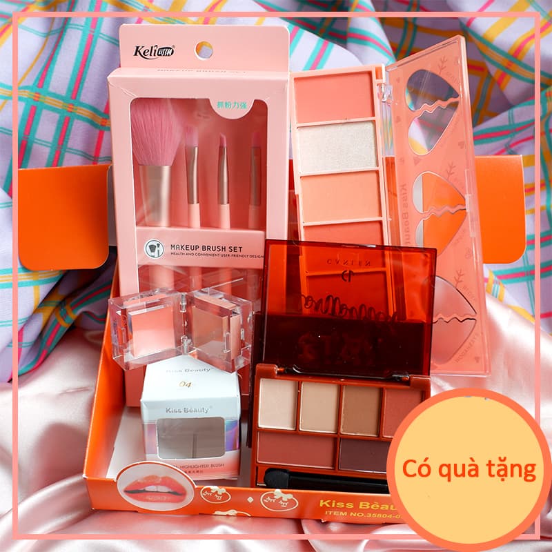 [HCM]【Kiss Belle Shop】Bộ mỹ phẩm trang điểm 4 món - Bộ phấn mắt má hồng (Bộ cọ trang điểm 4 món + phấn mắt/Phấn má hồng( 6 màu)+ 6 màu phấn mắt + 2 màu má hồng dạng kem)