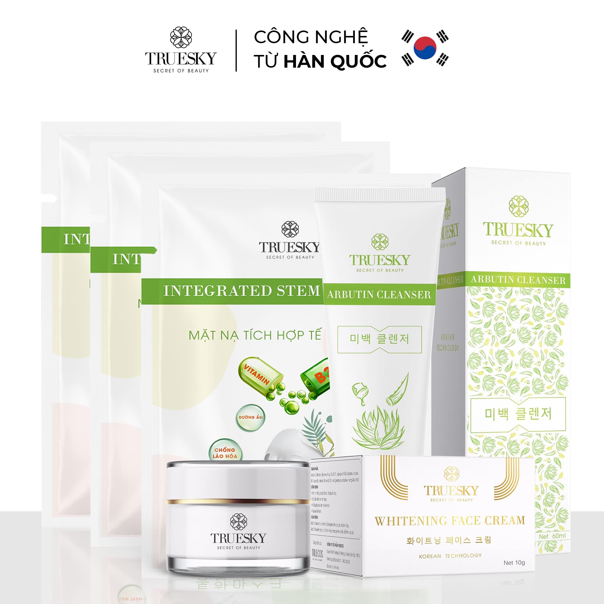 [HCM]Bộ dưỡng trắng da mặt Truesky P02 gồm 1 kem dưỡng trắng da mặt 15g & 1 sữa rửa mặt trắng da chiết xuất nha đam 60ml & 3 miếng mặt nạ dưỡng trắng da mặt