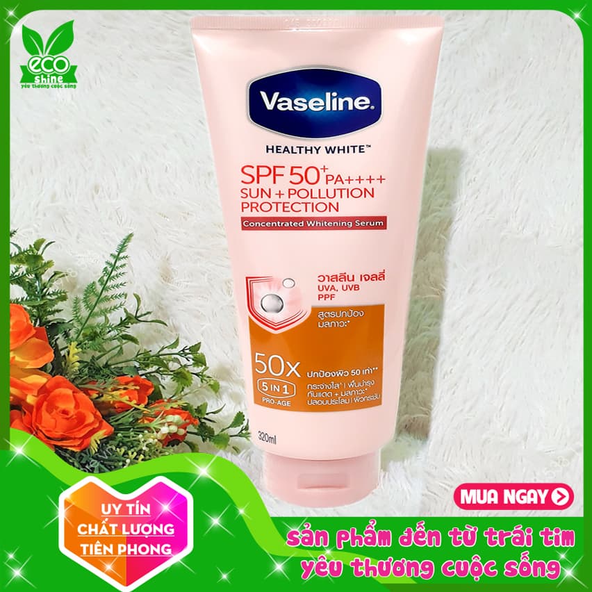 Sữa dưỡng thể Vaseline 50X Thái Lan trắng da toàn thân 50x Spf 50++ (Bản mới 320ml ecoshine) chỉ số chống nắng siêu cao sản phẩm là hàng nội địa Thái Lan