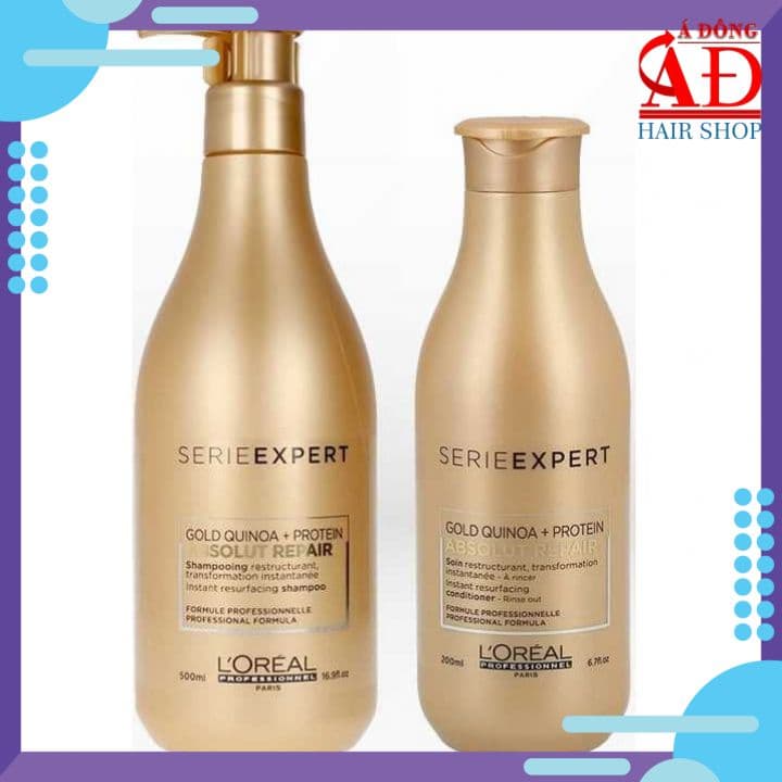 [LOREAL CHÍNH HÃNG] BỘ DẦU GỘI XẢ LOREAL SERIE EXPERT GOLD QUINOA PROTEIN ABSOLUT REPAIR PHỤC HỒI TÓC HƯ TỔN CHUYÊN NGHIỆP SALON SPAIN 500ML/200ML