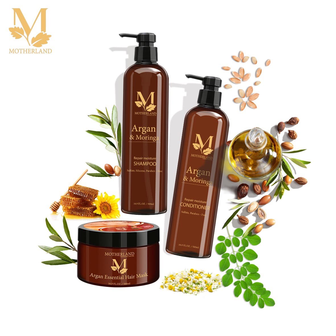 Bộ dầu gội + xả phục hồi dưỡng ẩm Motherland Argan & Moringa Repair Moisture