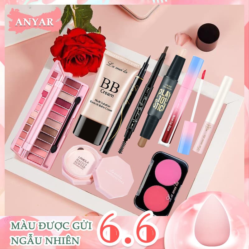 [HCM]ANYAR-Bộ trang điểm cá nhân LAMEILA 9 món tiện lợi Kem BB che khuyết điểm（kem nền） +Phấn phủ kiềm dầu+Phấn bảng mắt+Mascara+Chì kẻ mày+Bút dạ kẻ mắt+phấn má+Bút tạo khối+son lì