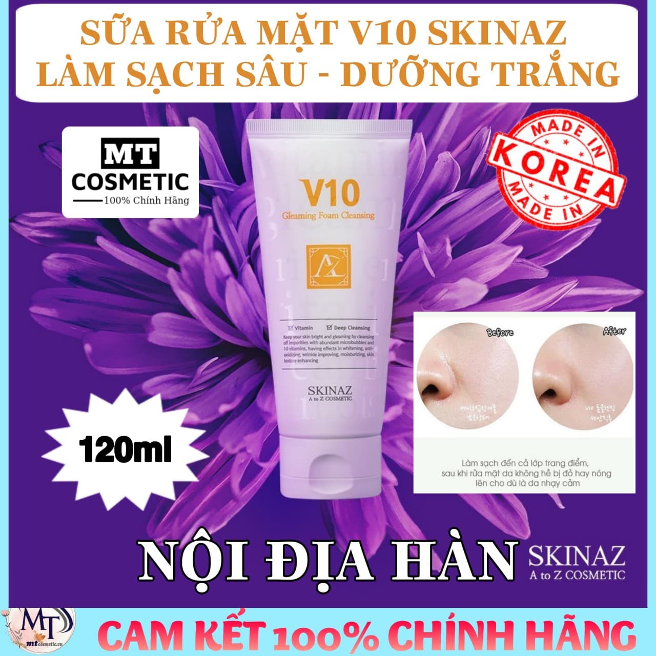 [Nội Địa Hàn] Sữa rửa mặt SKinaz V10 Gleaming Foam Cleansing 120ml - Làm Sạch Sâu - Dưỡng Trắng Da - Cân Bằng Độ Ẩm