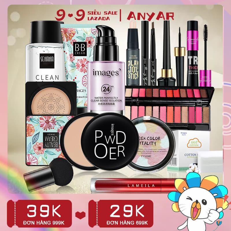 [HCM]ANYAR-Bộ 13 cái Bộ trang điểm kem nền（Kem BB che khuyết điểm ）+Phấn phủ kiềm dầu+Phấn bảng mắt+Chì kẻ mày+phấn má+Bút tạo khối+son lì+bông tẩy trang+cushion phấn nước+sự cách ly kem lót+Mascara kép + bút kẻ mắt
