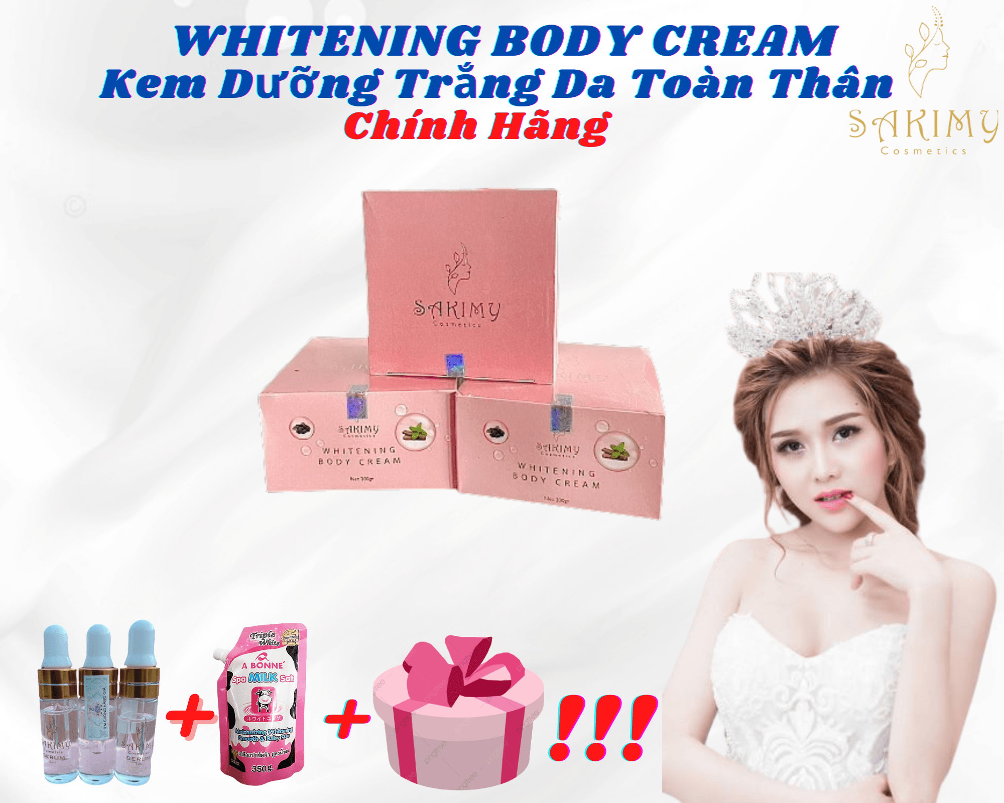 Kem body dưỡng trắng da SAKIMY whitening body cream combo 3 hộp tặng 3 serum Sakimy pha kem body Chính hãng