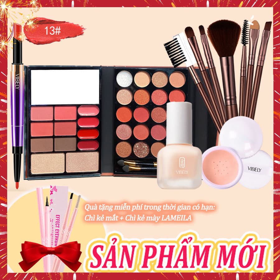[HCM]VIBELY Bộ trang điểm cá nhân đầy đủ-5 mónSon môi chống thấm nước lâu trôi đa chức năng+Bảng phấn mắt 32 màu+Kem nền dạng lỏng+Phấn trang điểm bột+7 cọ trang điểm (Quà tặng miễn phí: LAMEILA chì kẻ mắt+mascara)
