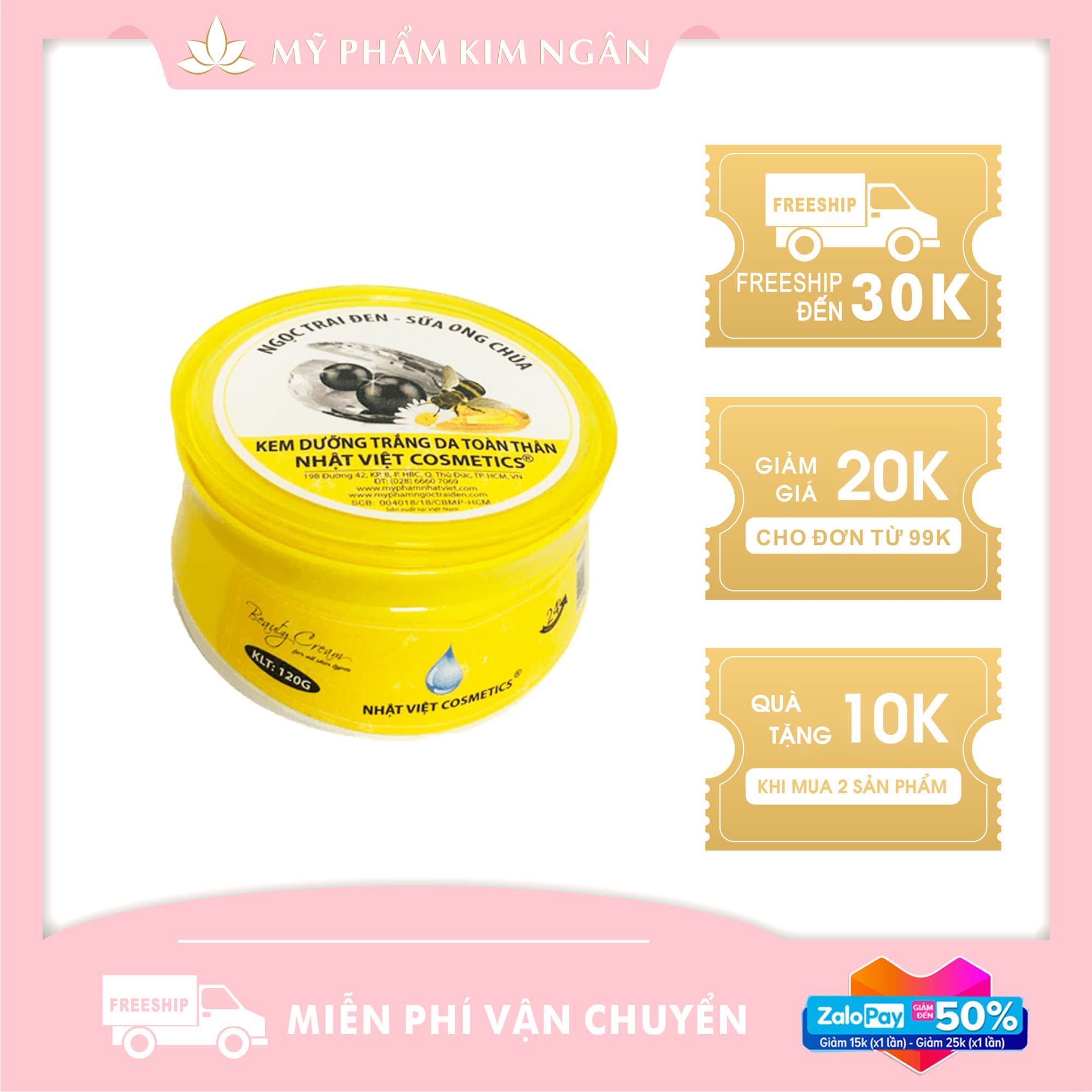 Kem Dưỡng Trắng Da Toàn Thân Nhật Việt Ngọc Trai Đen Sữa Ong Chúa (120ml) - Mỹ Phẩm Kim Ngân