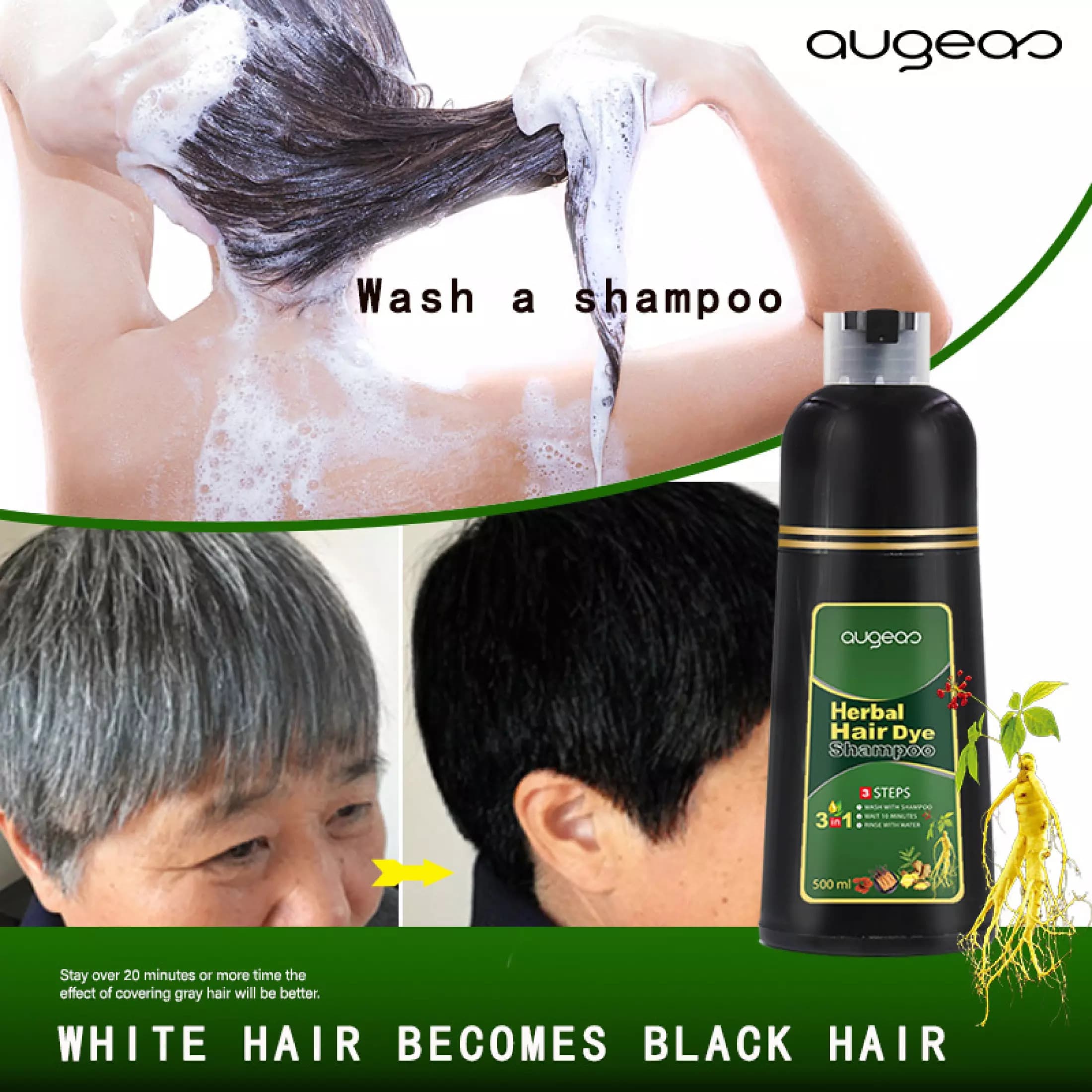 Dầu gội Phủ tóc bạc  Augeas chiết xuất từ ​​thảo dược nhân sâm hết bạc trong vòng 5 phút không mùi thơm khó chịu 500ml