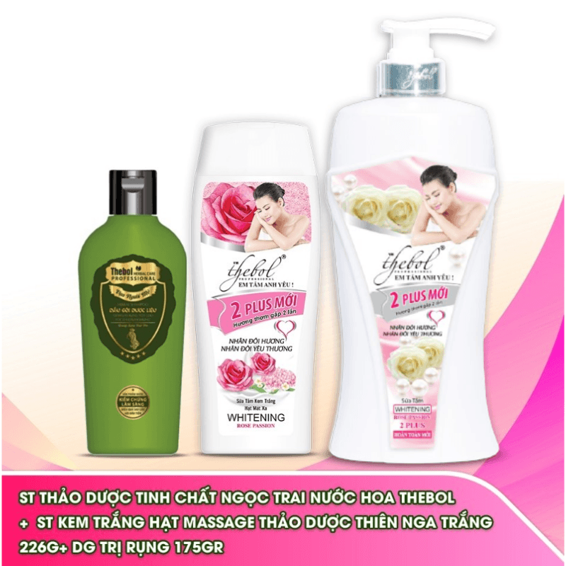 [HCM]Sữa tắm nước hoa tinh chất ngọc trai thảo dược dưỡng ẩm trắng da Thebol 650g + Sữa tắm trắng da hạt massage Thebol 2PLUS 226g + Dầu gội dược liệu sạch giảm rụng Thebol 175g