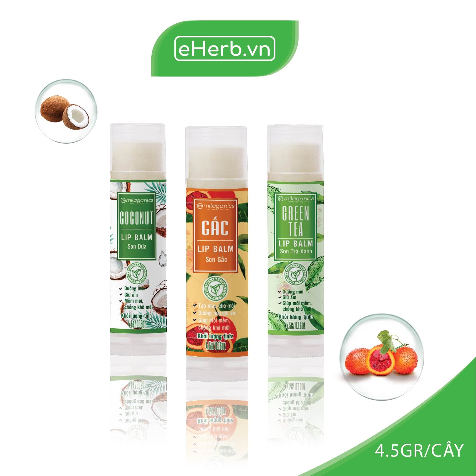 Combo 3 Son Dưỡng Môi Giảm Thâm Và Khô: Son Dừa Son Trà Xanh Son Gấc MILAGANICS (4.5g/ Cây)