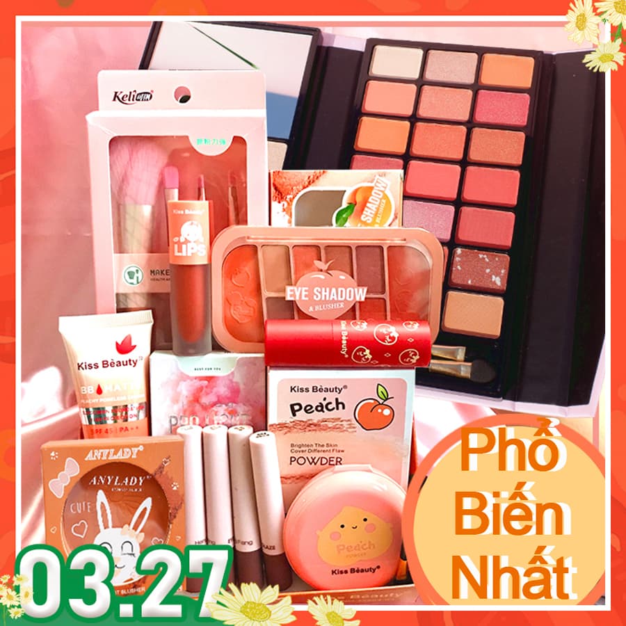 [HCM]【Kiss Belle Shop】Trọn bộ mỹ phẩm trang điểm chuyên nghiệp 12 món đầy đủ nhất (1x bộ cọ trang điểm 4 món+1xBB kem +1x phấn phủ trang điểm +2x Khay trang điểm +1x má hồng +1x mascara +1x Kẻ mắt +3x Son bóng +1x son môi)