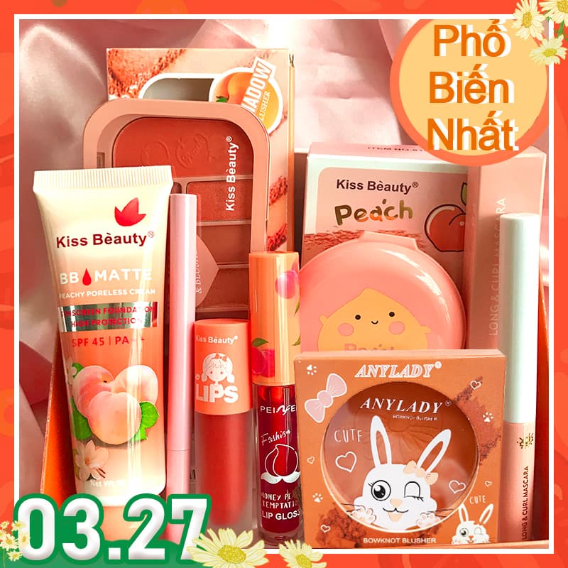 [HCM]【Kiss Belle Shop】Bộ mỹ phẩm trang điểm 8 món(Kem BB + Phấn trang điểm + Kẻ mắt + Mascara + 10 Phấn má hồng + Son dầu + Son bóng + Má hồng)