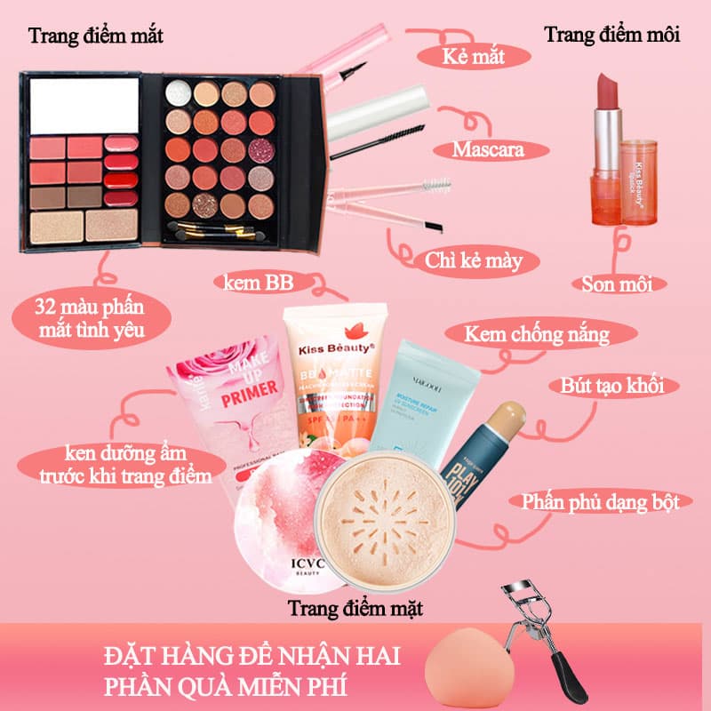 [HCM]Peachy Sis [2 phần quà miễn phí]Bộ 10 món trang điểm chuyên nghiệp đầy đủ KISS BEAUTY-Kem duy trì độ ẩm+kem chống nắng+kem nền BB+tạo đường viền+phấn phủ+chì kẻ mày hai đầu+bảng phấn mắt 32 màu+bút kẻ mắt+mascara+son