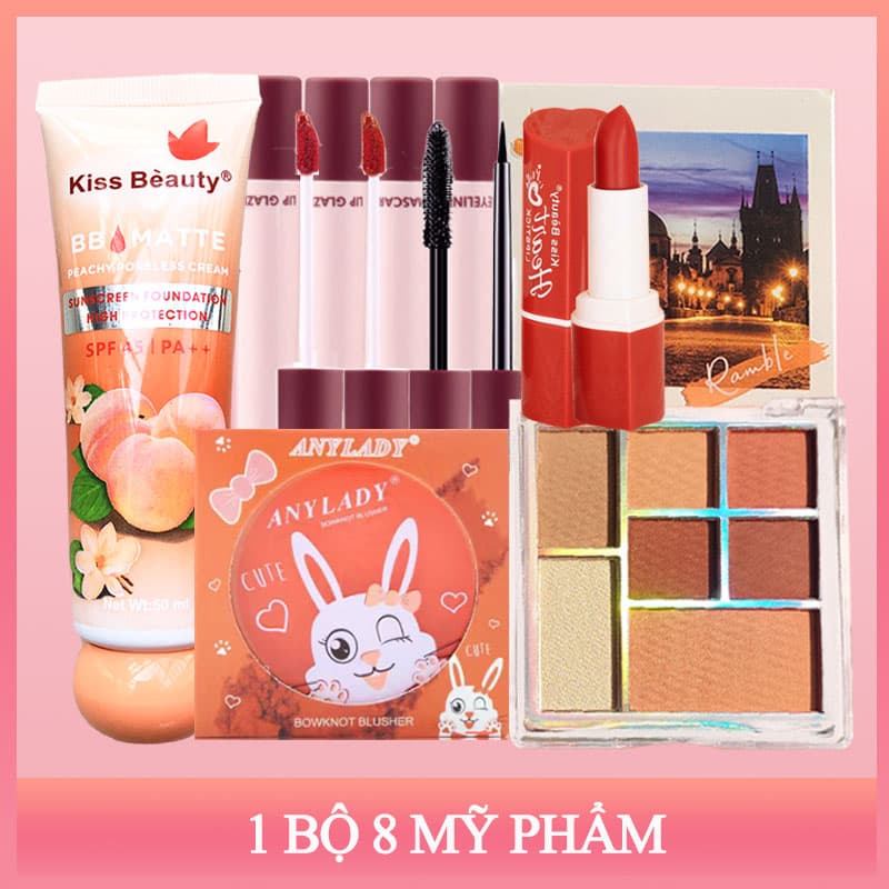 [HCM][ Peachy Sis ] Trọn bộ mỹ phẩm trang điểm Peach chuẩn KISS BEAUTY+CANLEN(1xBB kem + 6 màu phấn mắt + 1x mascara + 1x Kẻ mắt + 2x son bóng + 1x son môi + 1x má hồng)