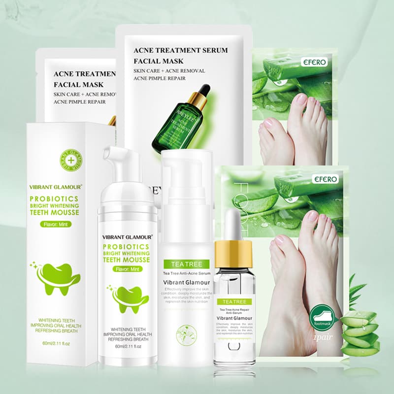 Sản phẩm mới năm 2021-Vibrant Glamour Bộ chăm sóc da cây lô hội 7 món (Kem làm trắng răng + kem dưỡng da trị mụn + tinh chất trị mụn + 2 mặt nạ trị mụn + 2 cặp mặt nạ trẻ hóa da chân lô hội)