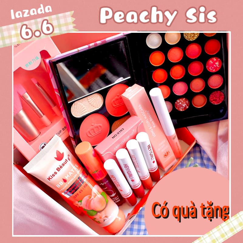 [HCM][Peachy Sis] Bộ mỹ phẩm trang điểm 9 món KISS BEAUTY (1 bộ 4 cọ trang điểm + kem BB + khay trang điểm 28 màu + mascara + chì kẻ môi + 1 bộ 4 son)