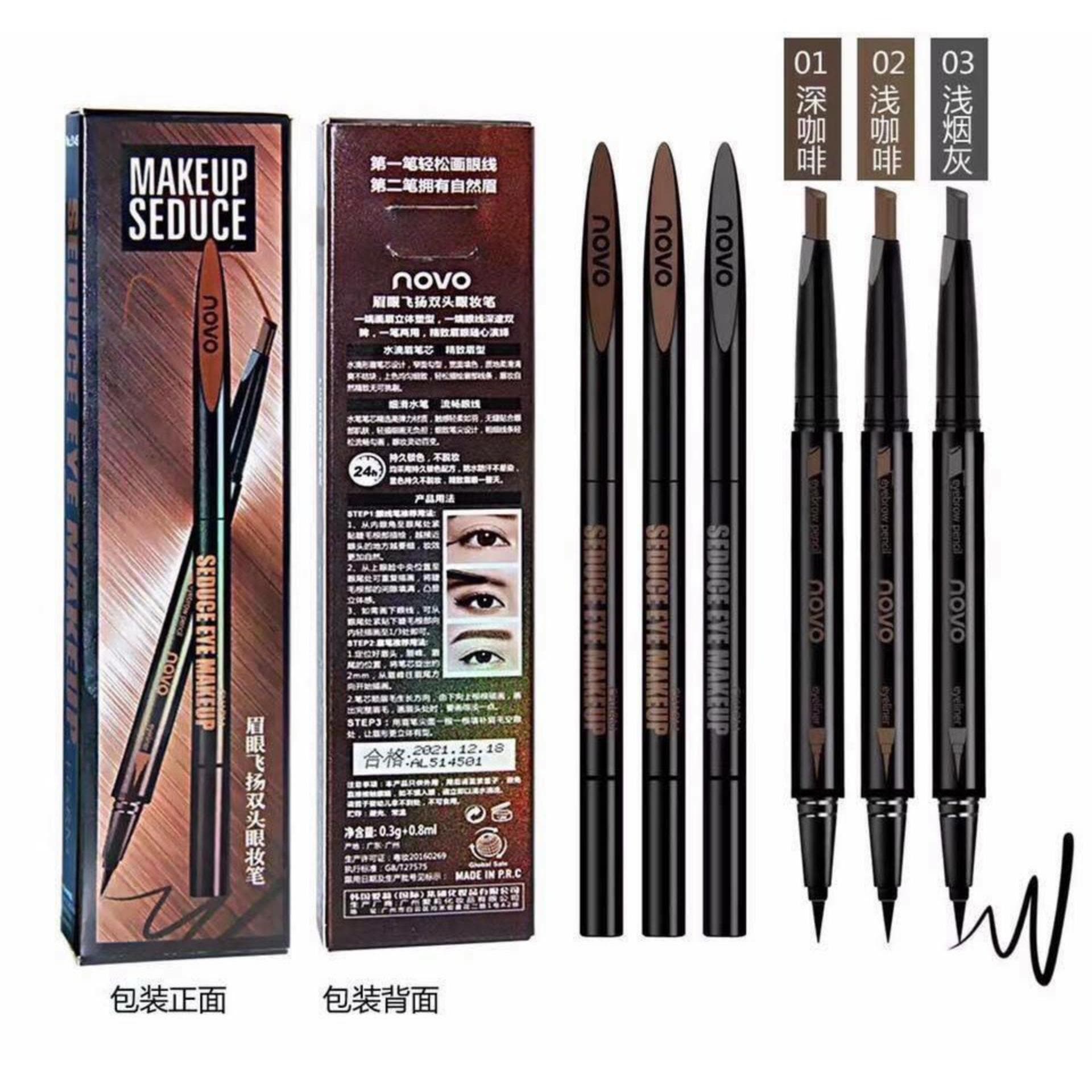 Bút Chì kẻ định hình mày kẻ mắt 2in1 NoVo Makeup Seduce #01 tone (Màu nâu đen)