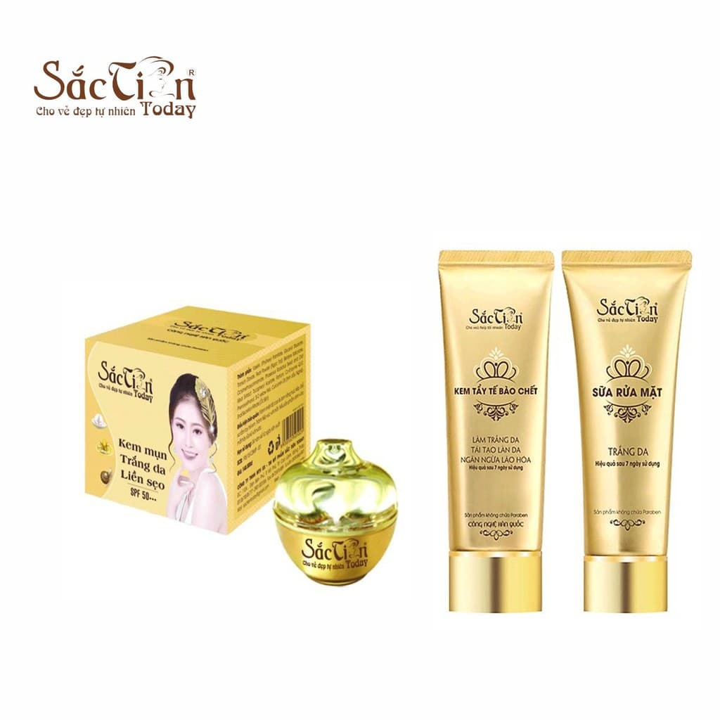 Combo Kem mụn trắng da liền sẹo 15g (hộp mới in 8g) và Kem tẩy tế bào chết 120ml và Sữa rửa mặt 100ml Sắc Tiên Today