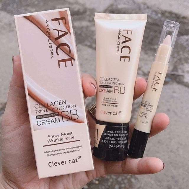 Set Kem nền 3 món BB cream collagen + thanh che khuyết điểm Clever Cat