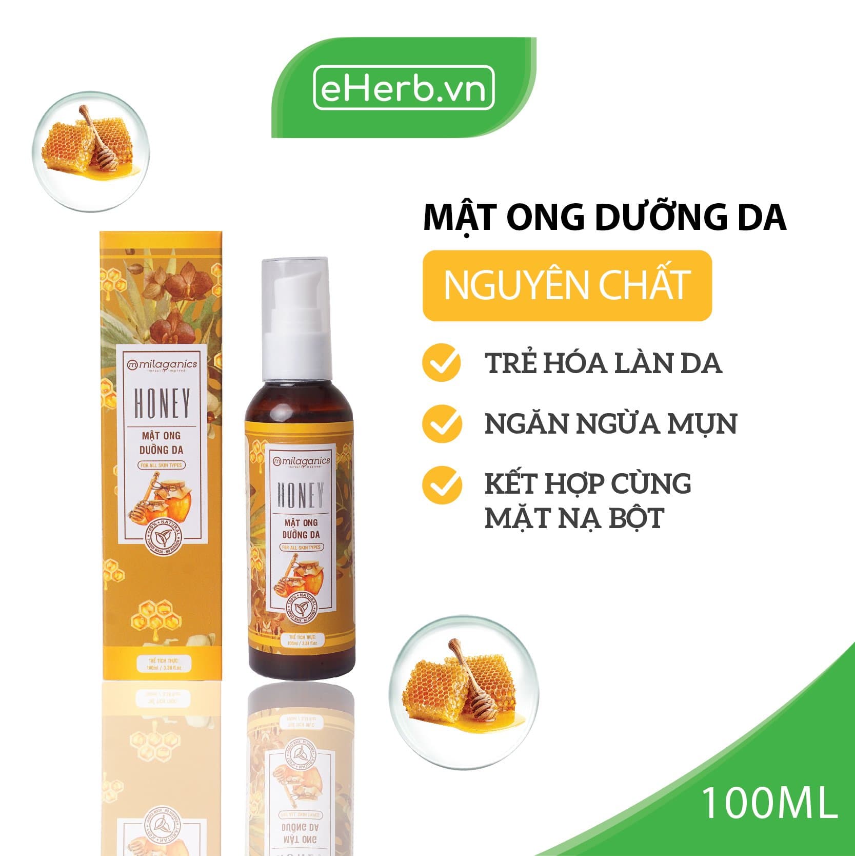 [HCM]Mật Ong Nguyên Chất Dưỡng Da Hỗ Trợ Ngăn Ngừa Mụn & Trẻ Hóa Làn Da MILAGANICS 100ml (Chai)