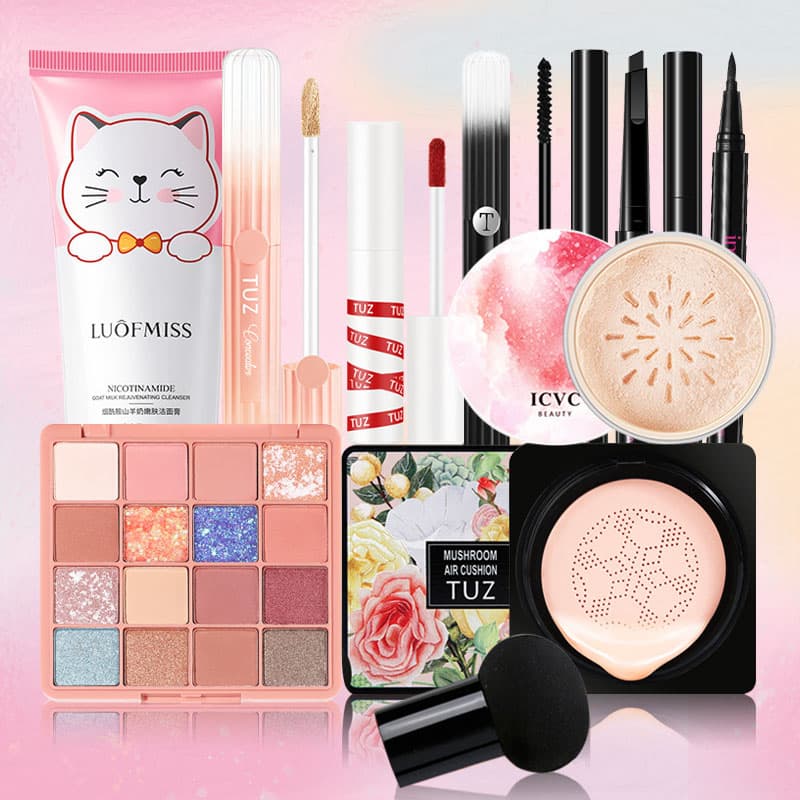 [HCM]TUZ-Bộ mỹ phẩm 9 món cơ bản giá tốt-(Sữa rửa mặt + Phấn nước BB Cream + Bảng phấn mắt 16 màu+ Phấn phủ trang điểm + Kem che khuyết điểm + Bút phấn mắt đen + Kẻ mắt + Mascara + Son môi)