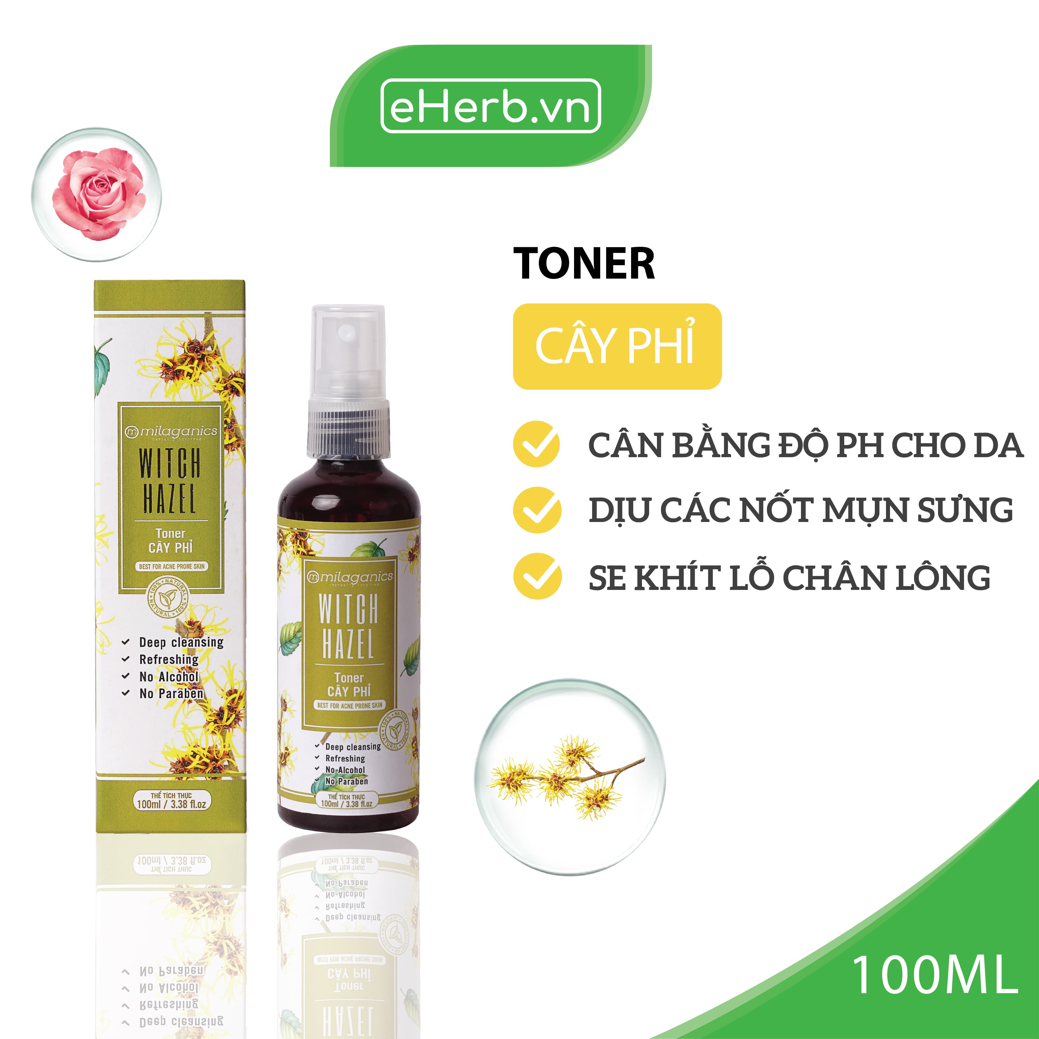 [HCM]Toner Cây Phỉ Cân Bằng Độ PH Se Khít Lỗ Chân Lông & Phục Hồi Da Mụn Từ Chiết Xuất Cây Phỉ MILAGANICS 100ml (Chai)