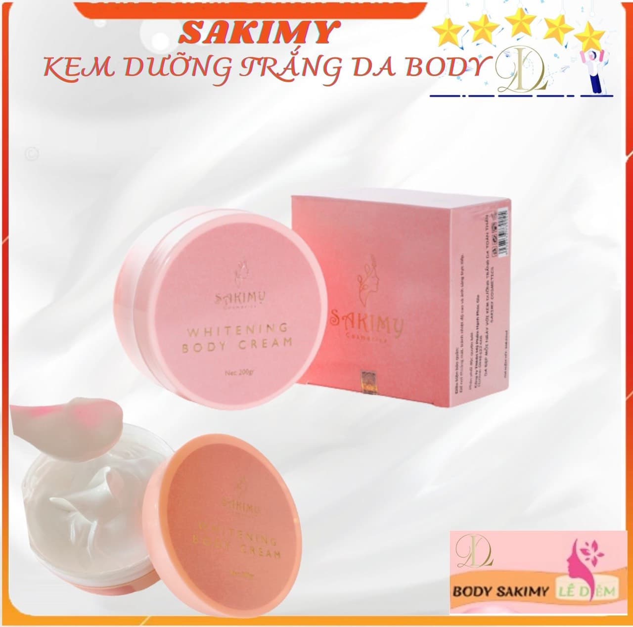 Kem body dưỡng trắng da cấp tốc SAKIMY whitening body cream tặng 1 serum Sakimy pha kem body (Chính hãng)